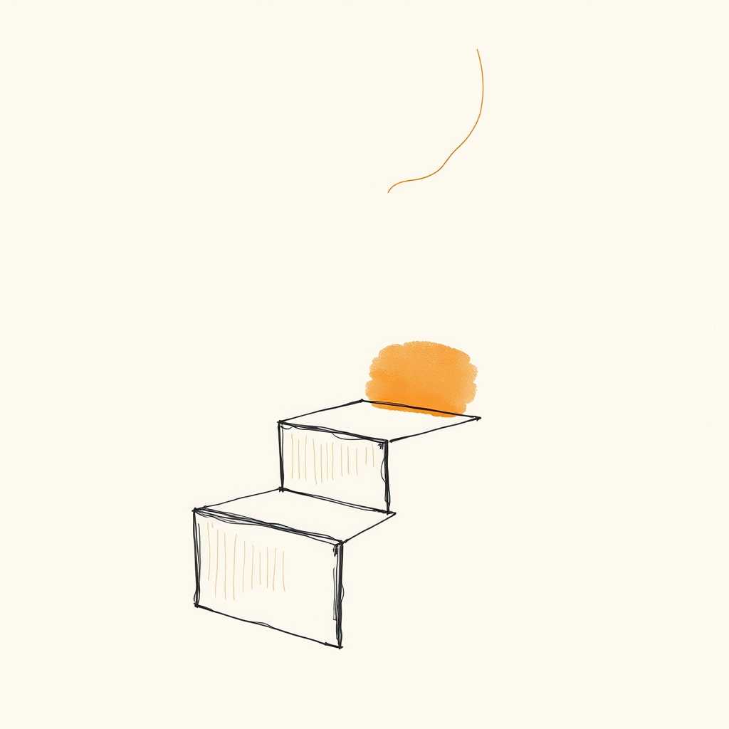 三段の階段を一本の細い線が勢いよく登っていく、上の段ほど光が強くなる抽象イラスト