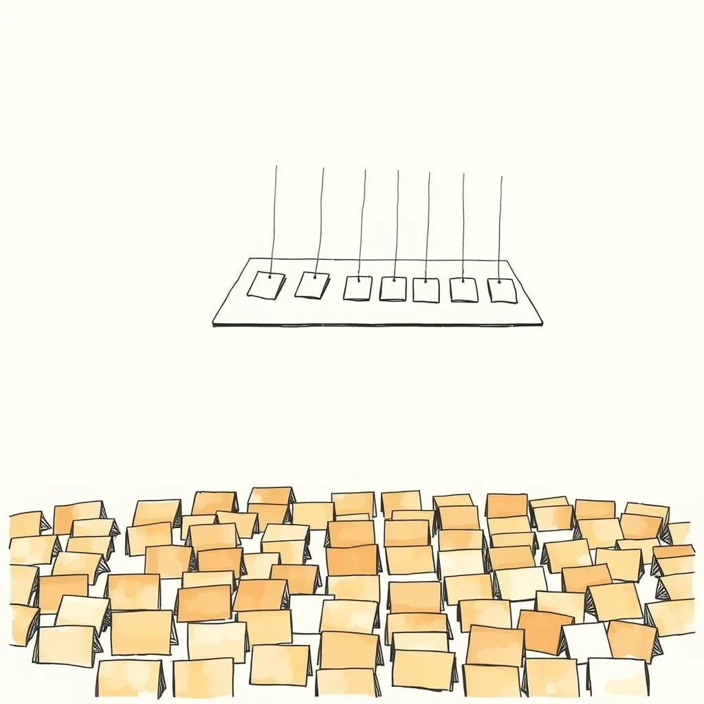 下に散らばったままの小さな紙片の層と、その上に浮かぶ別の面で同じ紙片が整った列とカードに組み上がり、細い糸で下の紙片へ繋がっている抽象イラスト